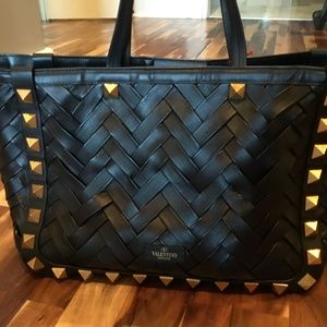 Valentino Garavani Roman Stud woven black leather tote with  gold hammered studs